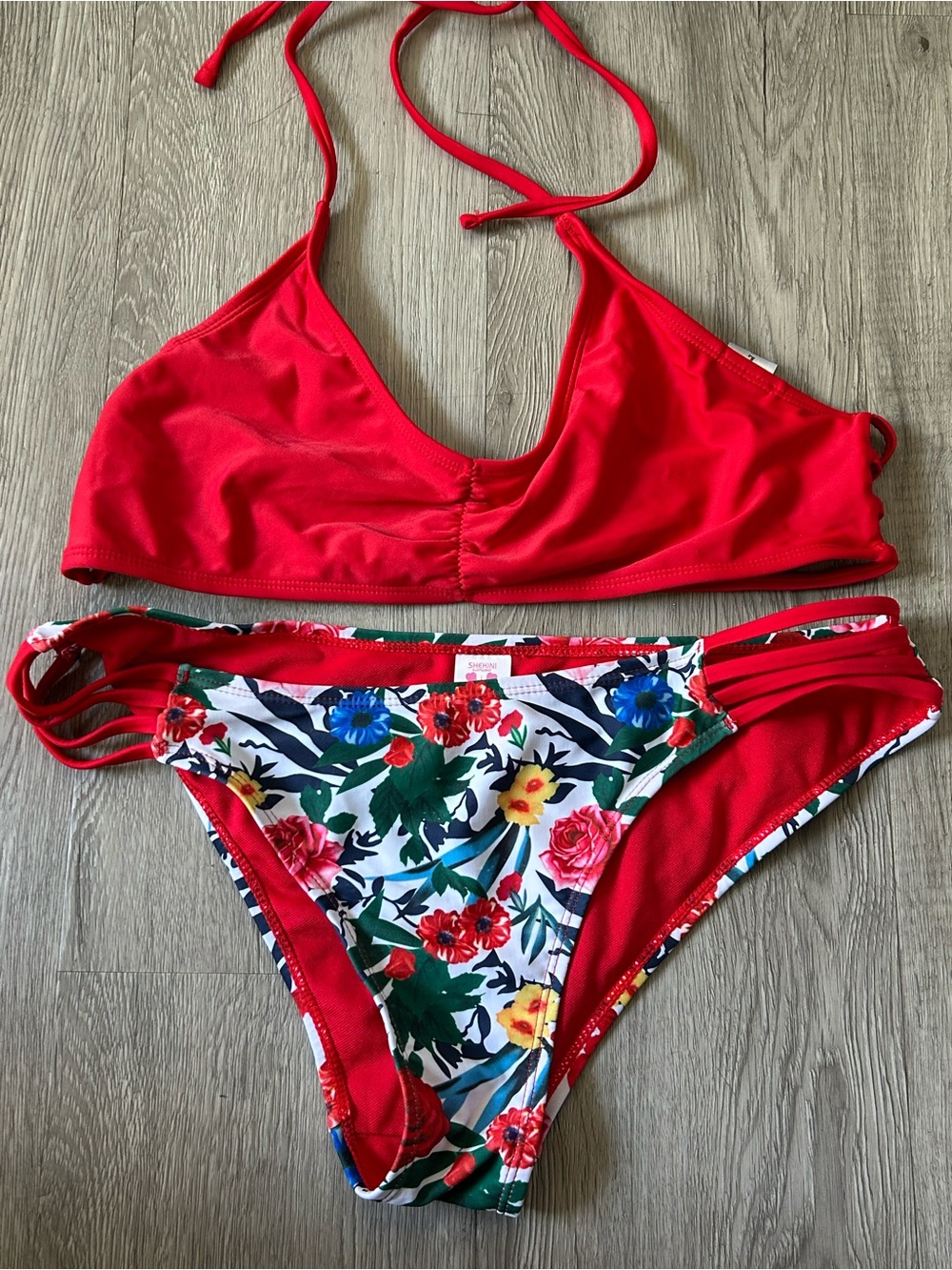 Shekini Red and White Two Piece Floral Swimsuit Size Large